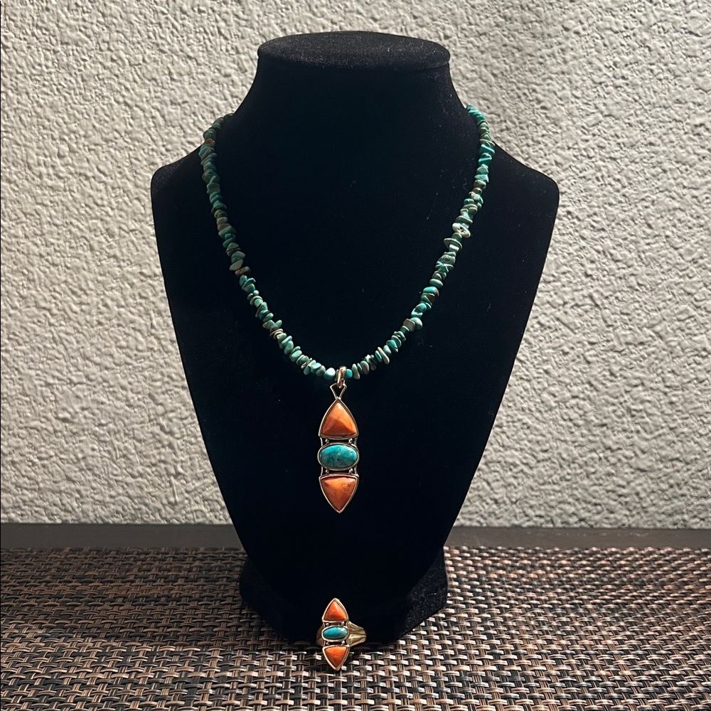 Barse Turquoise and Orange Pendant Necklace Set